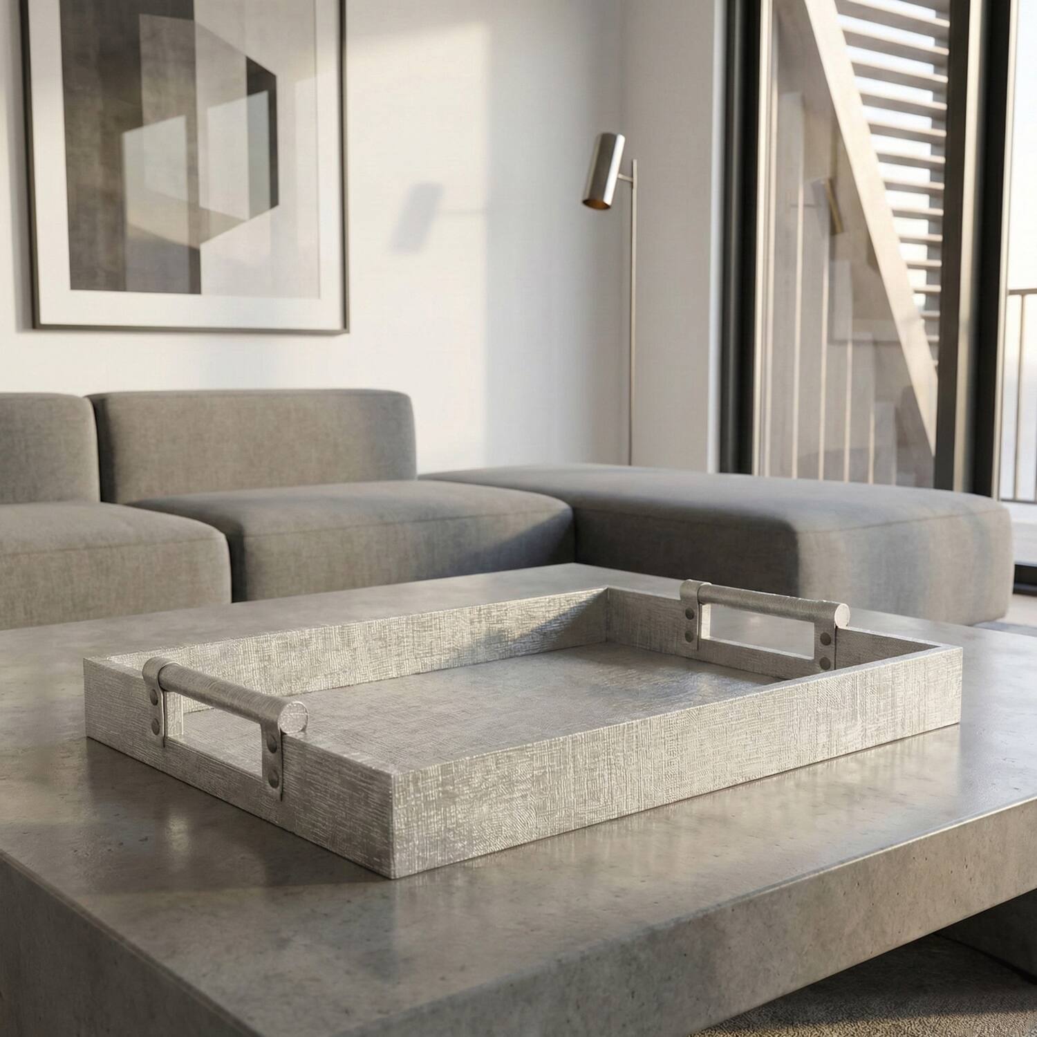 Angle. American Atelier - Leather Tray Silver With Handles - Silver.