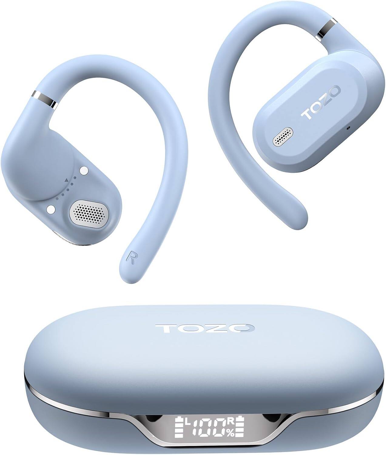 TOZO - AI Translation Open Ear Earbuds - 164 Languages, Adjustable Ear Hooks, Bluetooth Headphones, Comfort for Running, Office - Blue