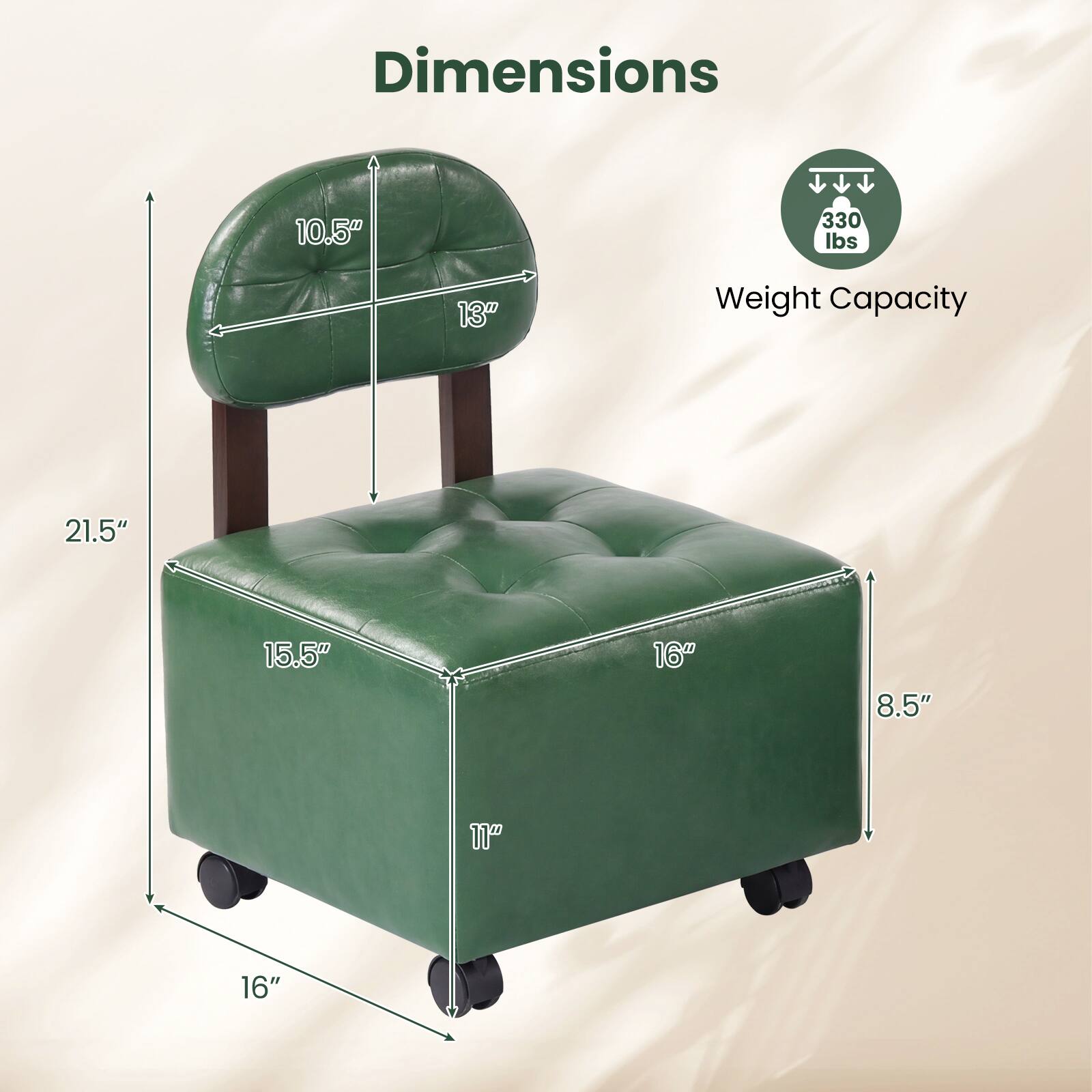 Dimensions: 10.5" x 13" x 21.5" x 15.5" x 16" x 8.5" x 11"  
Weight Capacity: 330 lbs