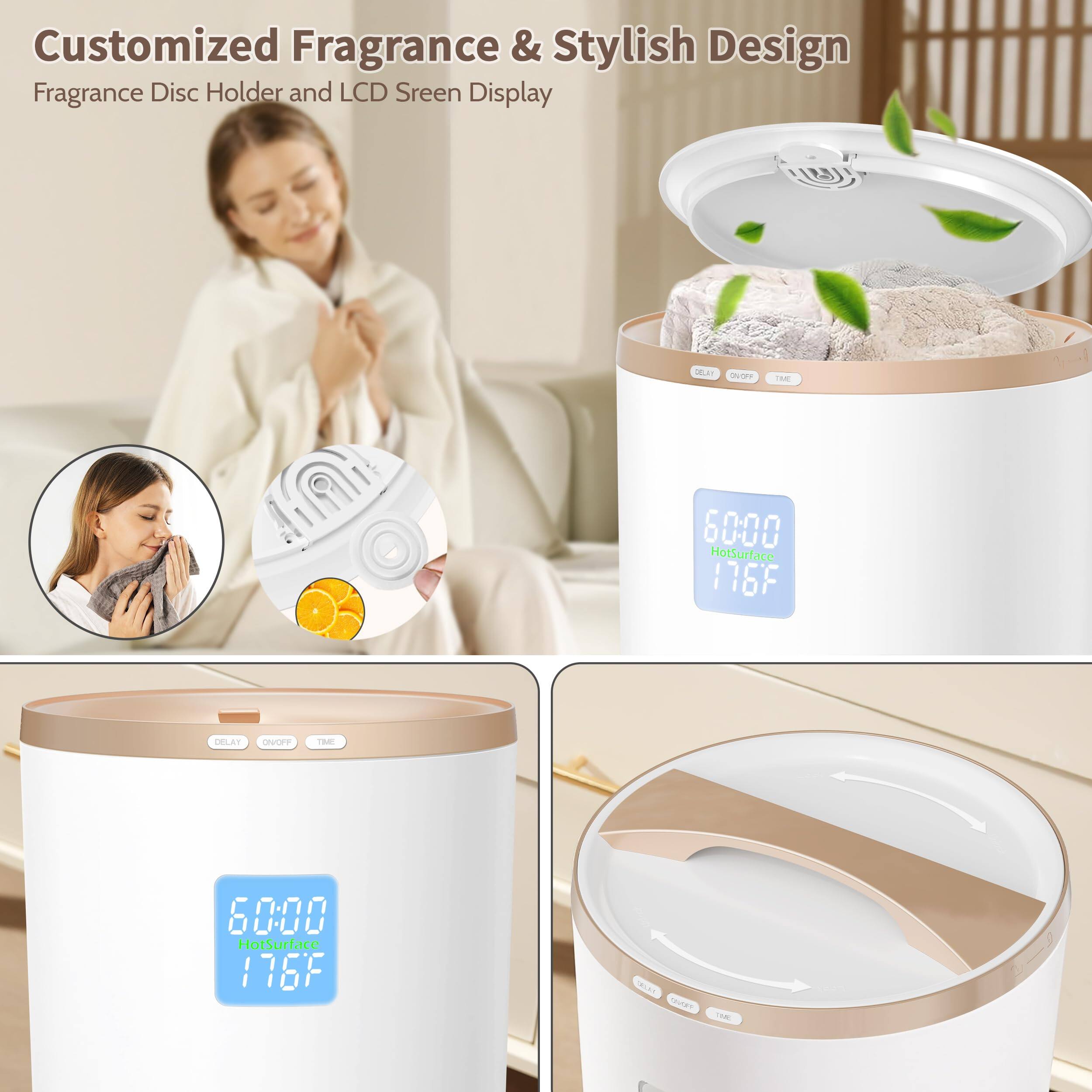 Customized Fragrance & Stylish Design  
Fragrance Disc Holder and LCD Screen Display  

HotSurface 176F  
60:00  

HotSurface 116F  
60:00  

DELAY ON/OFF TIME