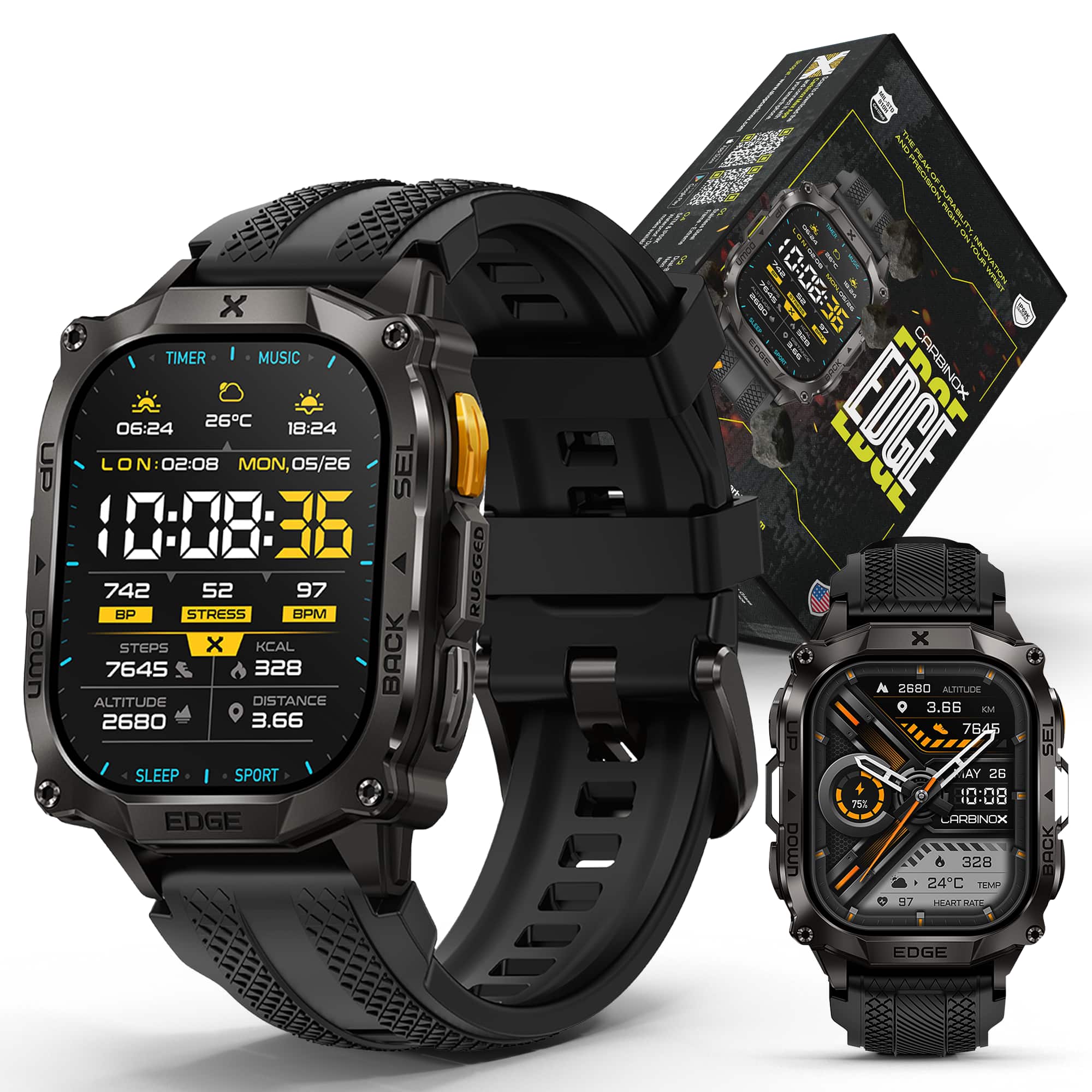 Carbinox - Edge Smart Watch Rugged, 1.96″ AMOLED, Stainless Steel, IP69K/5ATM Fitness trackers, GPS, 500mAh - Black - (2025)