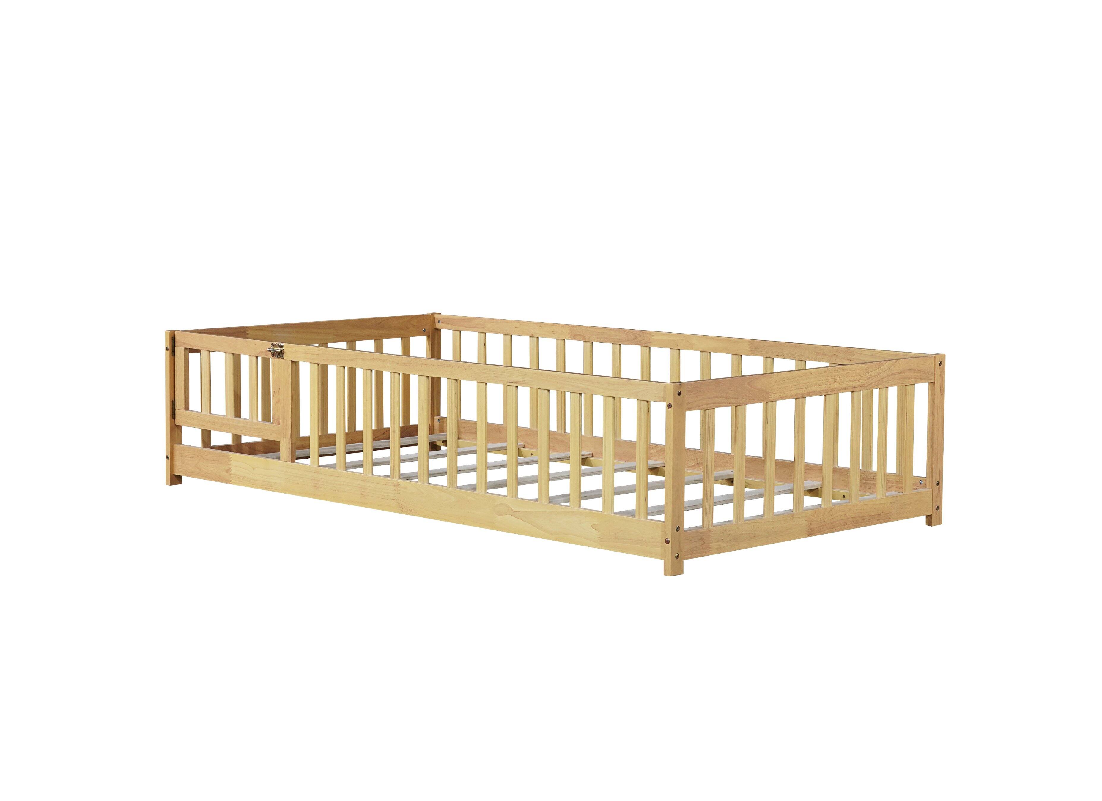 Alt View 9. Tiramisubest - Twin Size Floor Bed with Fence and Door,Rubber Wood Floor Bed with Safety Guardrails,Natural - Natural.