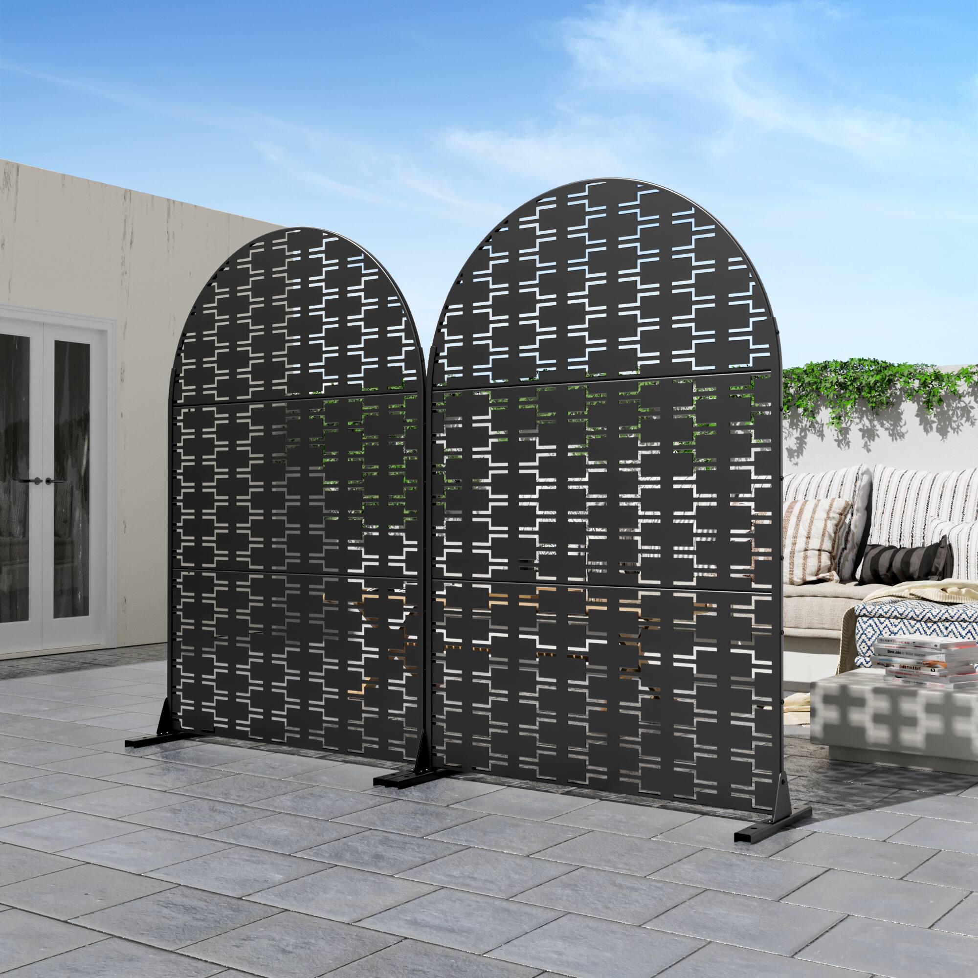 Alt View 1. PexFix - 72 in. x 47 in. Brick Pattern Arch Metal Outdoor Privacy Screen & Panels, Freestanding Garden Divider Fence - Black.