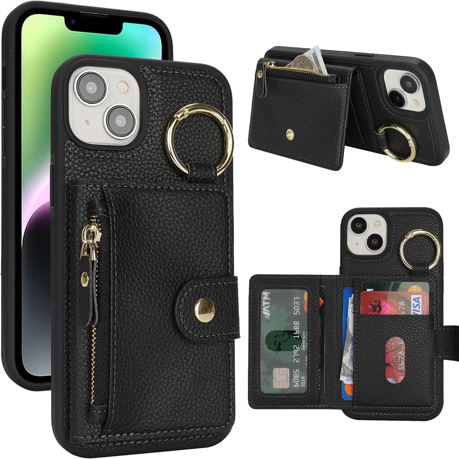 iPhone 14 Phone case Wallet with Card Holder, for iPhone 14 Case Wallet with Zipper with Slot Kickstand Stand Case - Black