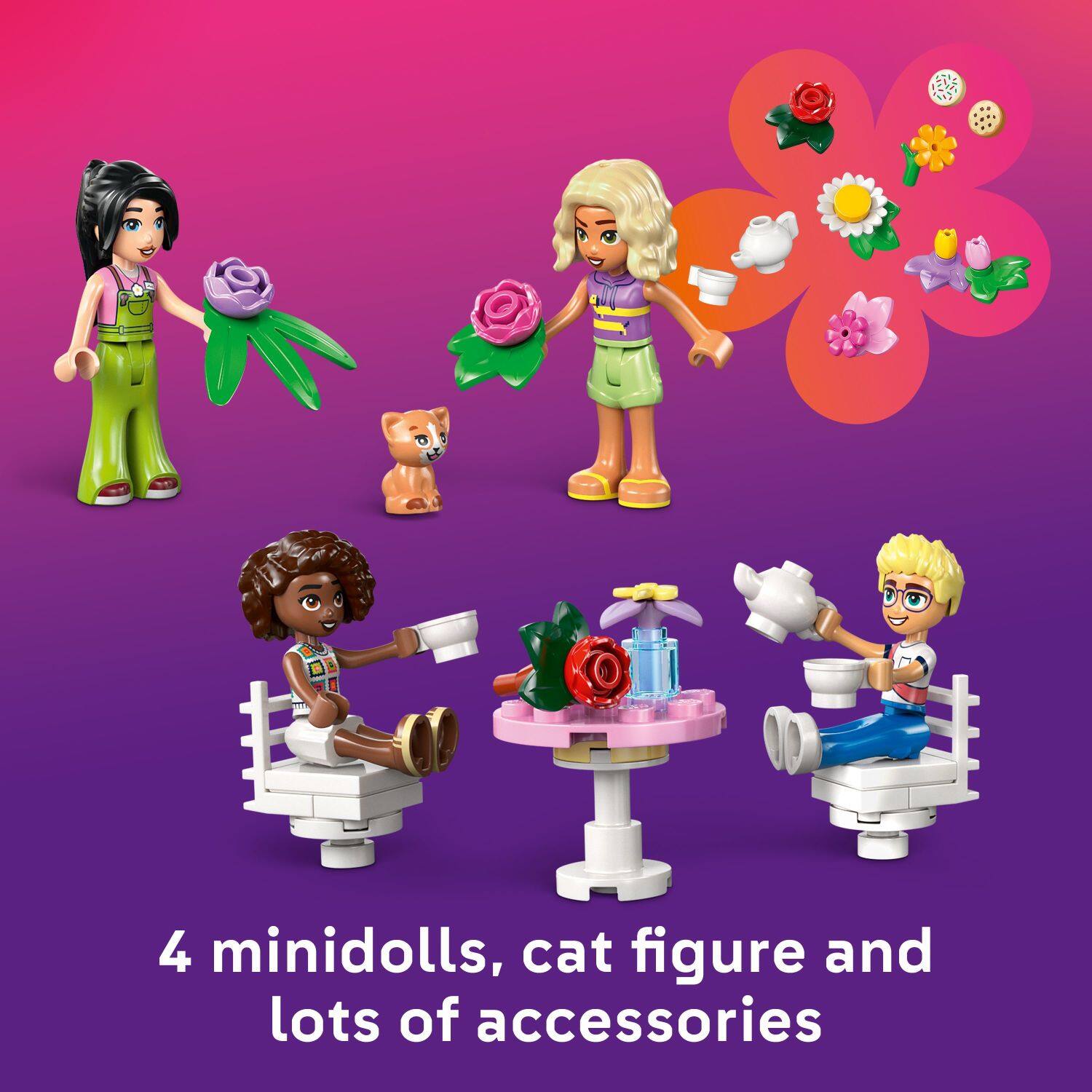 4 minidolls, cat figure and lots of accessories