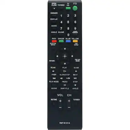 OPEN/ CLOSE TV/VIDEO
TV/VIDEO
DIMMER
1
DISPLAY
4
AUDIO
7
ANGLE CLEAR
RED GREEN BLUE YELLOW
SYSTEM MENU
TOP MENU
RETURN
POP UP/ MENU
SCAN
PLAY
SCAN
PREV
SLOW/STEP
NEXT
PLAY MODE
PAUSE
STOP
AUDIO
SUBTITLE
ANGLE
VOL
MUTING
+
-
CH
TV/VIDEO
RMT-B101A