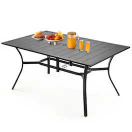 VEVOR - Outdoor Patio Dining Table, 59 inch Long Rectangular Metal Steel Slat Backyard Bistro Tables for 4-6, with Umbrella Hole - Black