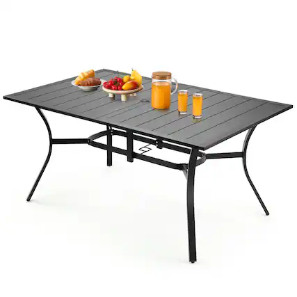 Front. VEVOR - Outdoor Patio Dining Table, 59 inch Long Rectangular Metal Steel Slat Backyard Bistro Tables for 4-6, with Umbrella Hole - Black.