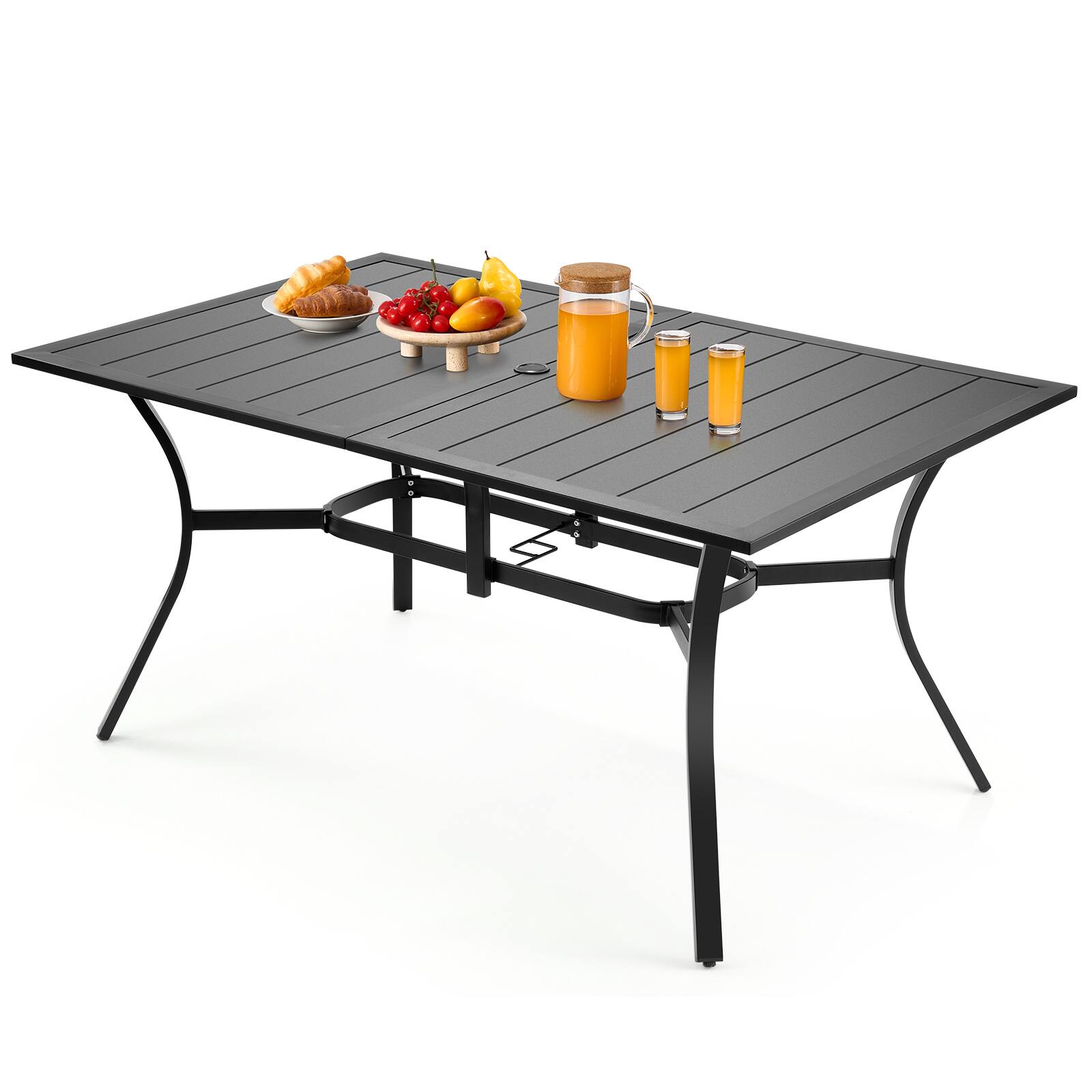 Front. VEVOR - Outdoor Patio Dining Table, 59 inch Long Rectangular Metal Steel Slat Backyard Bistro Tables for 4-6, with Umbrella Hole - Black.