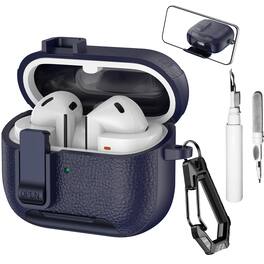 Dteck - Case for Samsung Galaxy Buds 3/3 Pro/3 FE with Phone Holder & Keychain,Leather Texture Earbuds Cover for Man Women - Darkblue