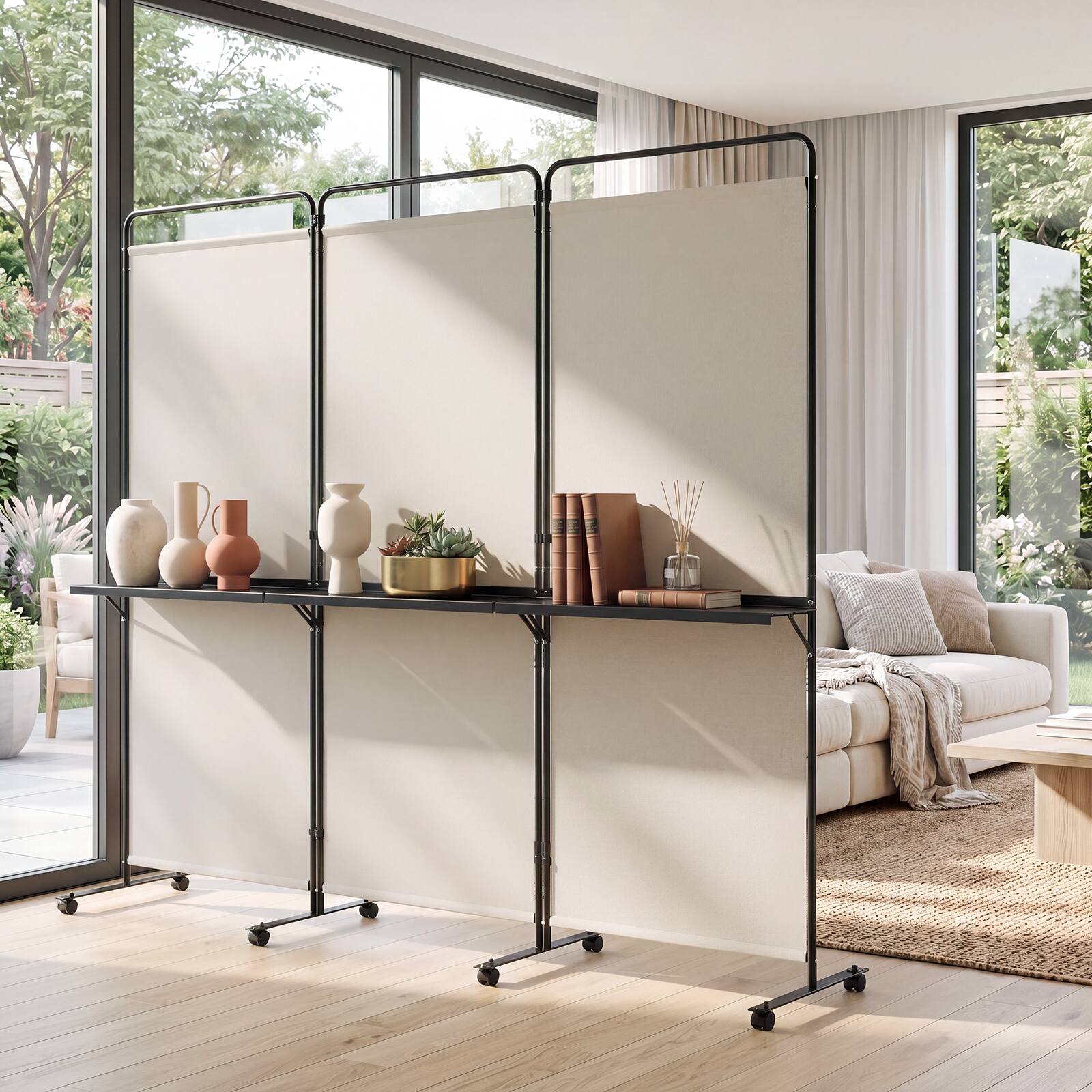 Alt View 1. Costway - Costway 3-Panel Room Divider with Storage Shelves 6FT Tall Folding Privacy Screen on Wheels - White.