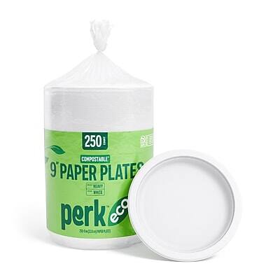 250 COMPACTABLE 9" PAPER PLATES  
HEAVY DUTY  
WHITE  
perk eco