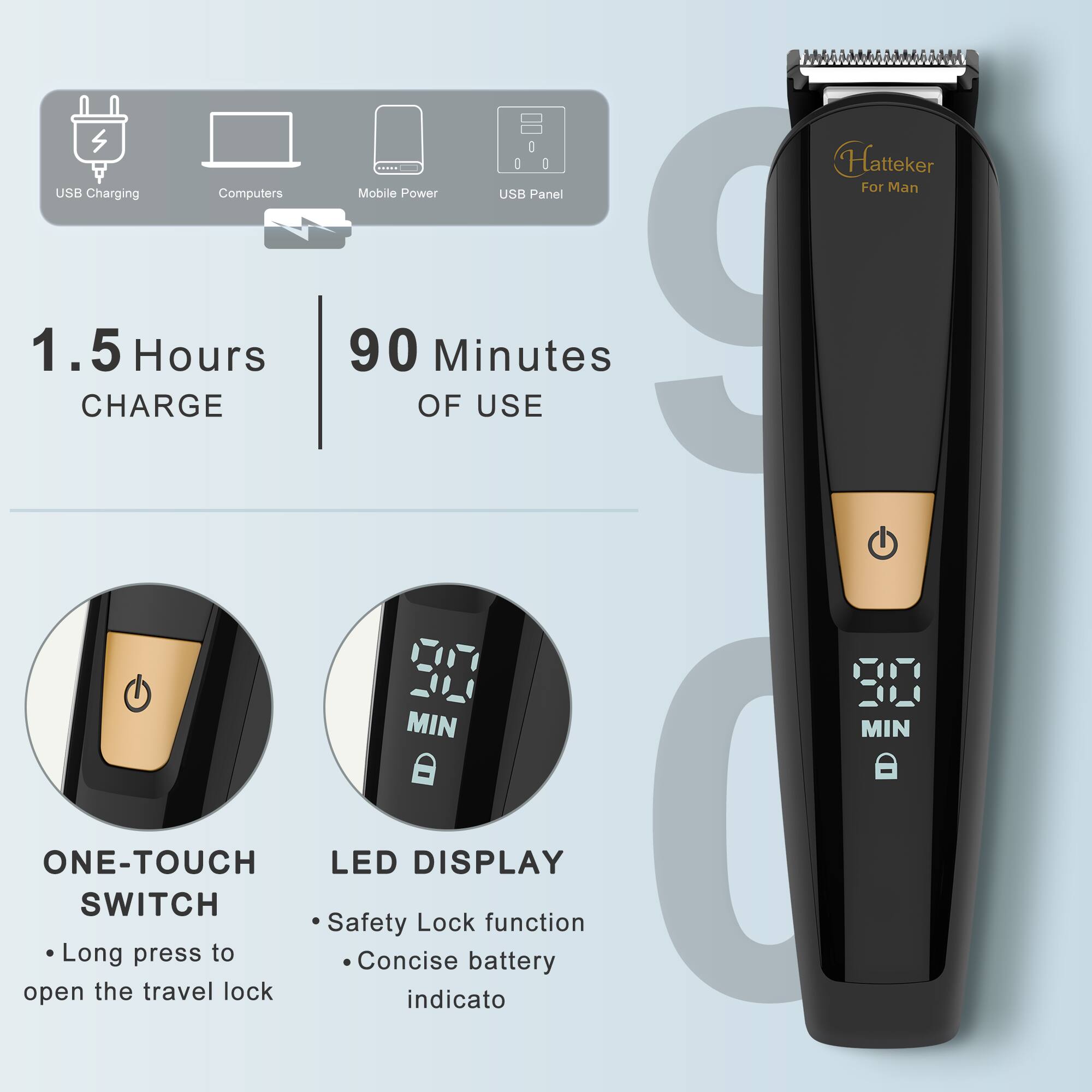 USB Charging  
Computers  
Mobile Power  
USB Panel  
Hattekér For Man  
1.5 Hours CHARGE  
90 Minutes OF USE  
ONE-TOUCH LED DISPLAY SWITCH  
Safety Lock function  
Long press to open the travel lock  
Concise battery indicator