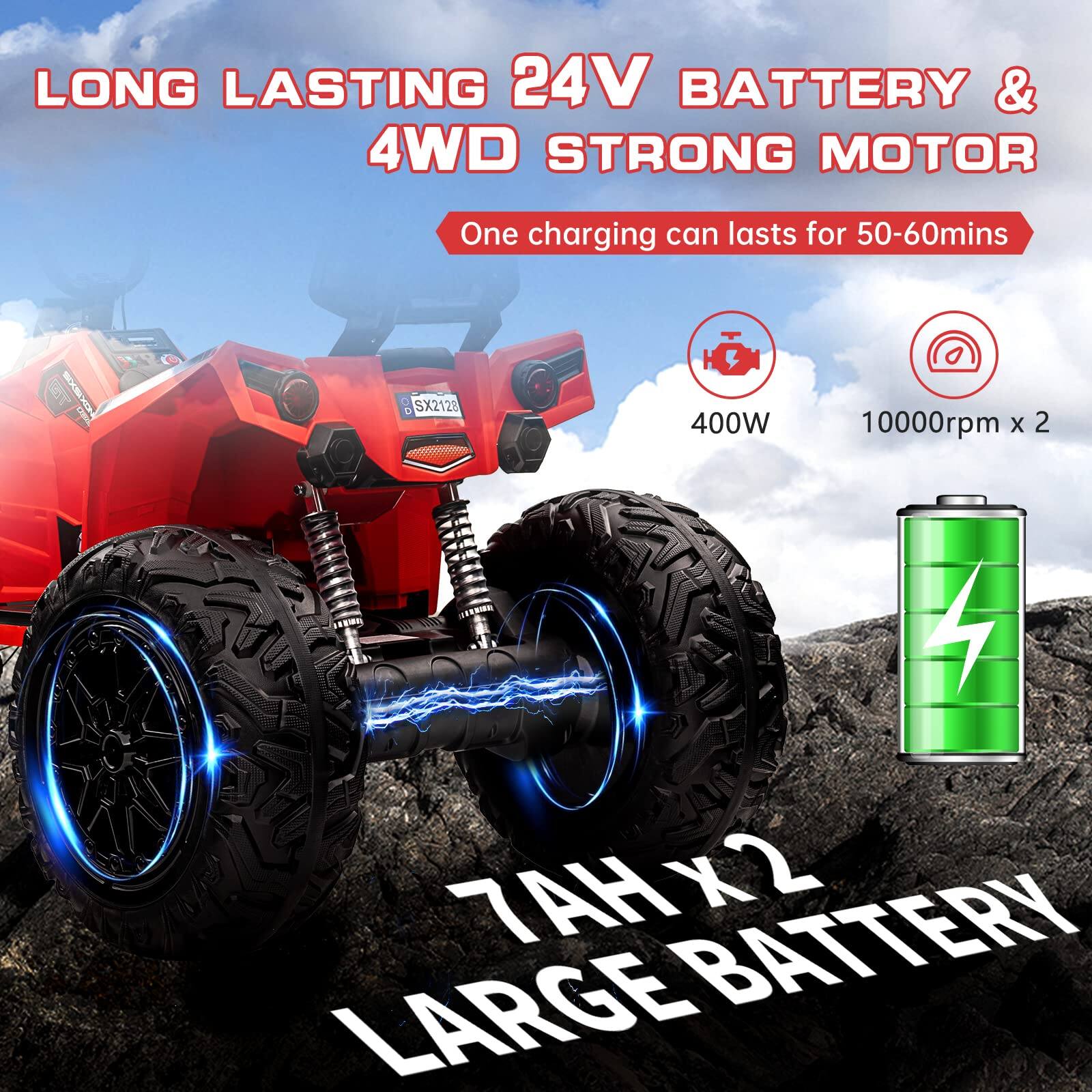 LONG LASTING 24V BATTERY & 4WD STRONG MOTOR  
One charging can lasts for 50-60mins  
400W  
10000rpm x 2  
7AH x 2 LARGE BATTERY