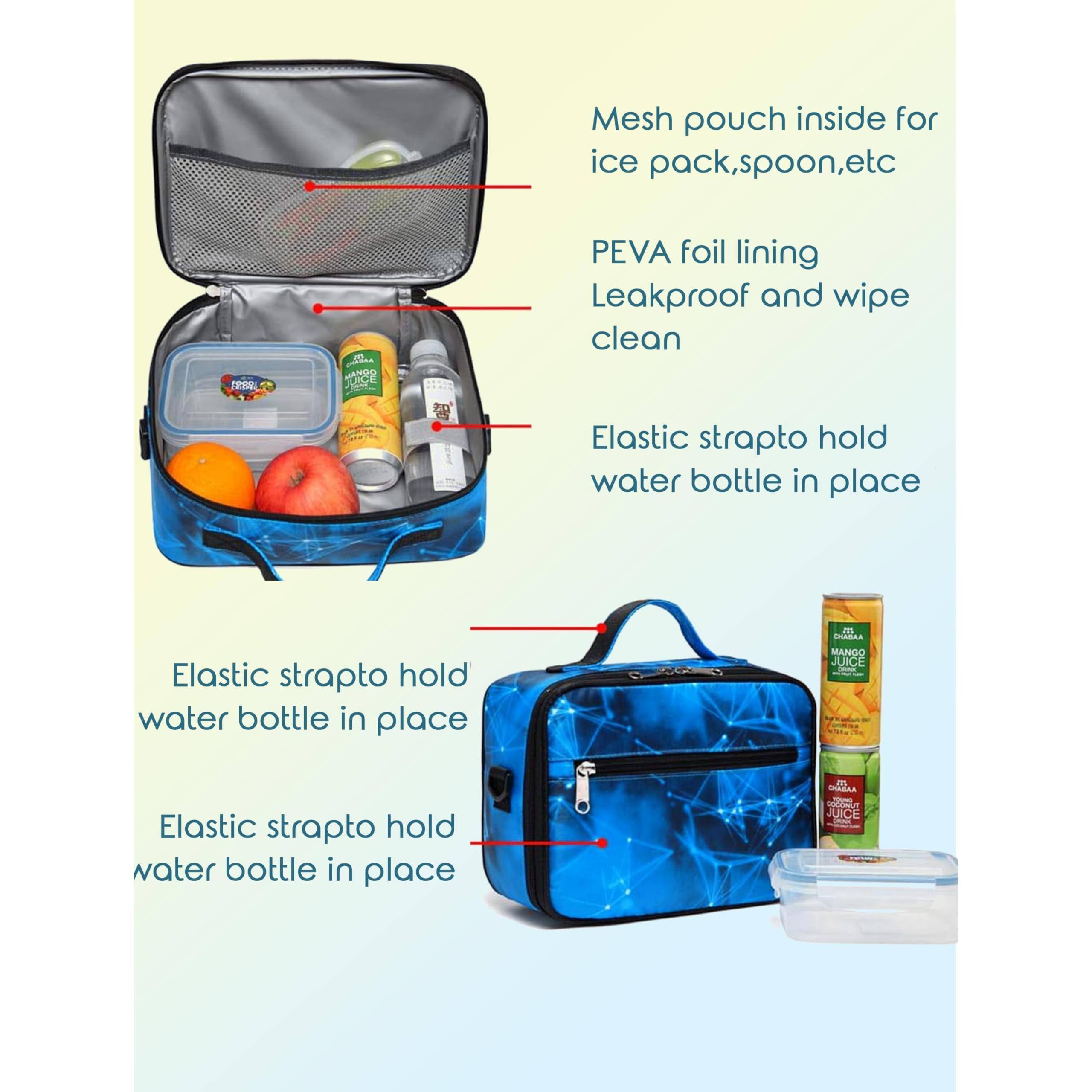 Mesh pouch inside for ice pack, spoon, etc

PEVA foil lining
Leakproof and wipe clean

Elastic strap to hold water bottle in place

Elastic strap to hold water bottle in place

Elastic strap to hold water bottle in place