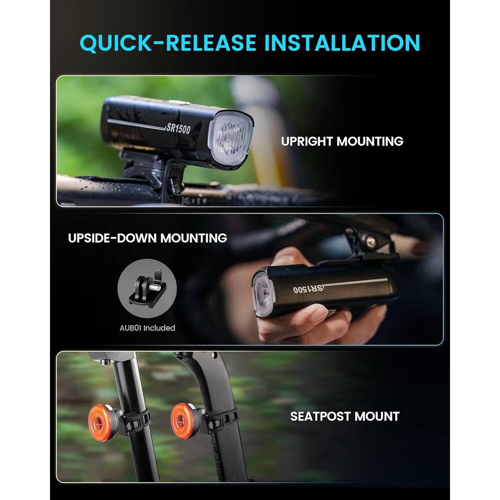 QUICK-RELEASE INSTALLATION

UPRIGHT MOUNTING

UPSIDE-DOWN MOUNTING

AUB01 Included

SEATPOST MOUNT