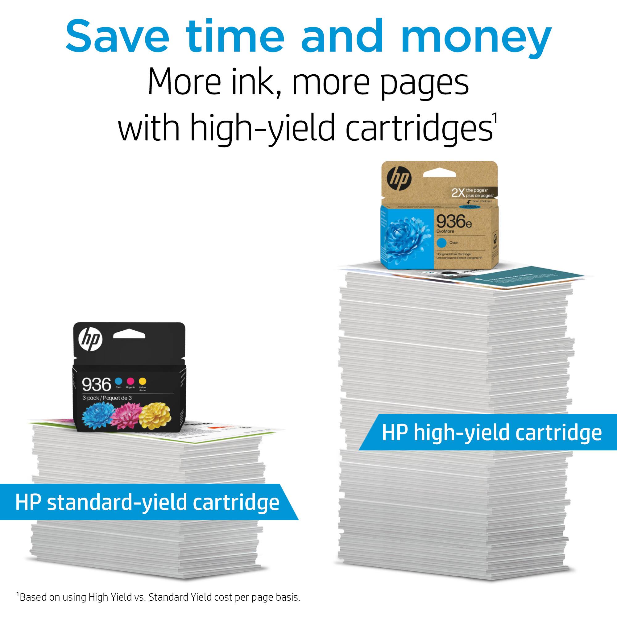 Save time and money with more ink, more pages using high-yield cartridges. HP offers two options: the 2X 936e C1893A and the 3-pack 936 3-pack cartridge. The 2X 936e C1893A is a high-yield cartridge, while the 3-pack 936 3-pack cartridge is a standard-yield cartridge. Both options are based on cost per page, with the high-yield cartridge providing better value for money.