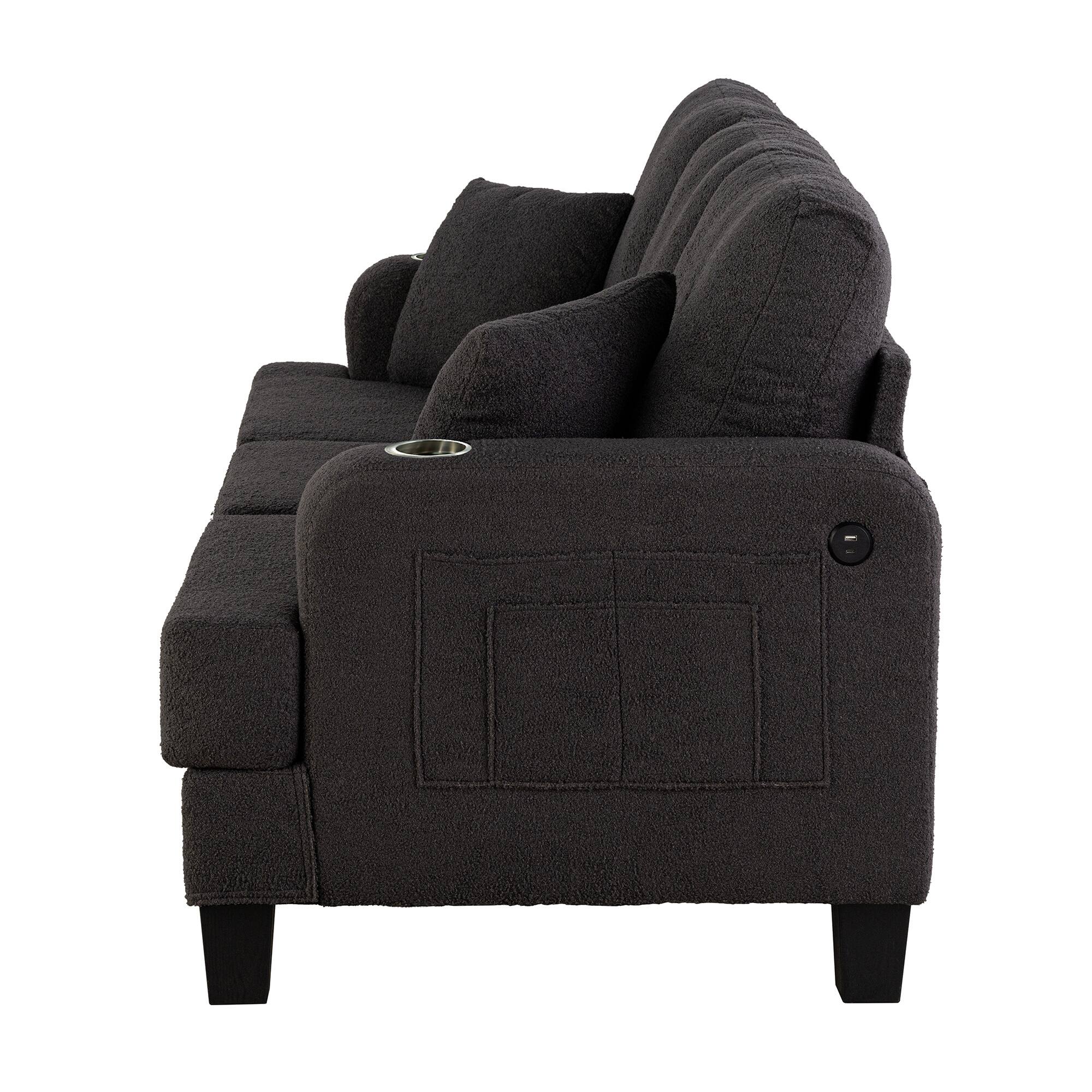 Alt View 3. Vaczon - 3 Seater Sofa with USB Charging, 2 Cup Holders and 2 Throw Pillows Comfortable Living Room Couch for Relaxing - Charcoal black.
