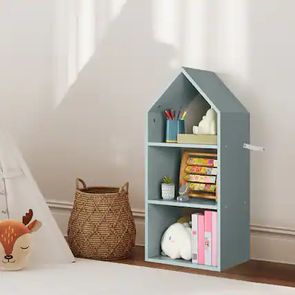 Front. Oumilen - House-Shaped 3-Tier Blue Bookshelf - Blue.