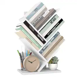 Songmics Home - Tree Bookshelf, 5-Tier Bookcase, Small Bookshelf, Space-Saving Corner Shelf, Book Tree, Holds Books, CDs, Games - Cloud White