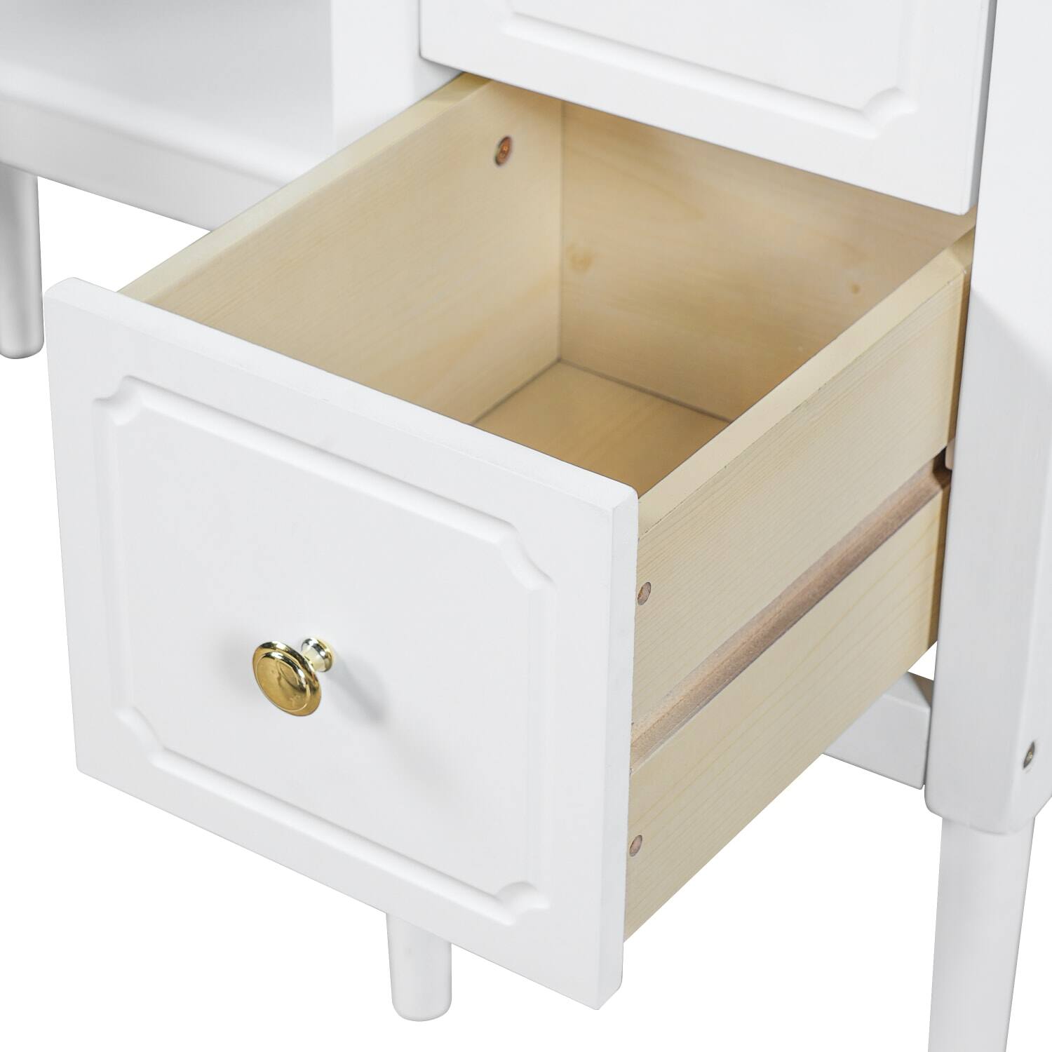 Back. Lirago - White Antique Wood Dressing Table with Triple Mirror  for Bedroom 16.3”D x 46.5”W x 68.75”H - White.