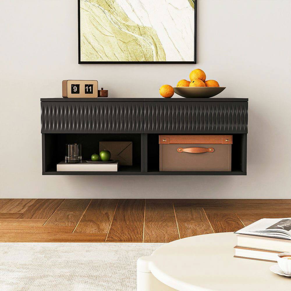 Alt View 5. Kadyn - Twist-Textured Double-Mounted Wall-Mounted Floating Nightstand with Drawer for Bedroom - Black - Black.