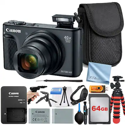 Canon 40x Optical Zoom Lens 40xIS 4.3-172 3.3-6.9 0mm 1:3.3-6.9 4.5-172mm 1:3.3-6.9 SX740 HS
Canon Battery Charger
Canon Battery Pack NB-13L 1250mAh 3.6V 4.5Wh
64GB SD Card
Canon Tripod
Canon Cleaning Cloth
Canon Lens Hood
Canon Camera Strap
Canon Lens Cap
Canon Lens Cleaning Kit
Canon Memory Card Reader
Canon Camera Bag