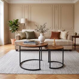 WELLFOR - Nesting Coffee Table Set of 2, Round Nesting Tables for Small Place, End Side Tables with Metal Frame - Light Brown