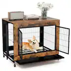 Front. Gymax - Gymax Dog Crate Furniture Industrial Dog Kennel w/ Flip-up Top Decorative Pet House Rustic Brown.