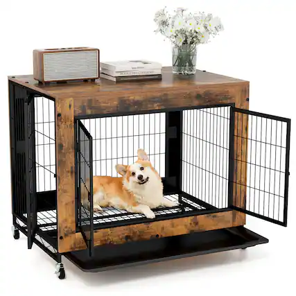 Front. Gymax - Gymax Dog Crate Furniture Industrial Dog Kennel w/ Flip-up Top Decorative Pet House Rustic Brown.