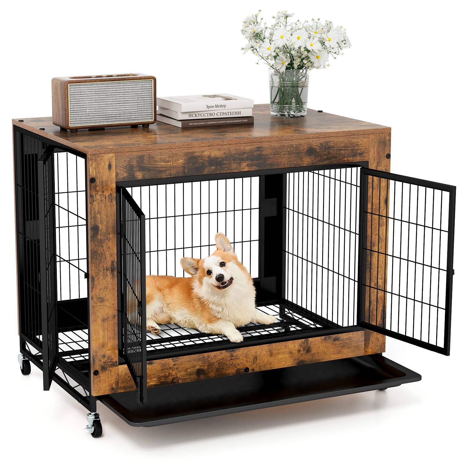Front. Gymax - Gymax Dog Crate Furniture Industrial Dog Kennel w/ Flip-up Top Decorative Pet House Rustic Brown.