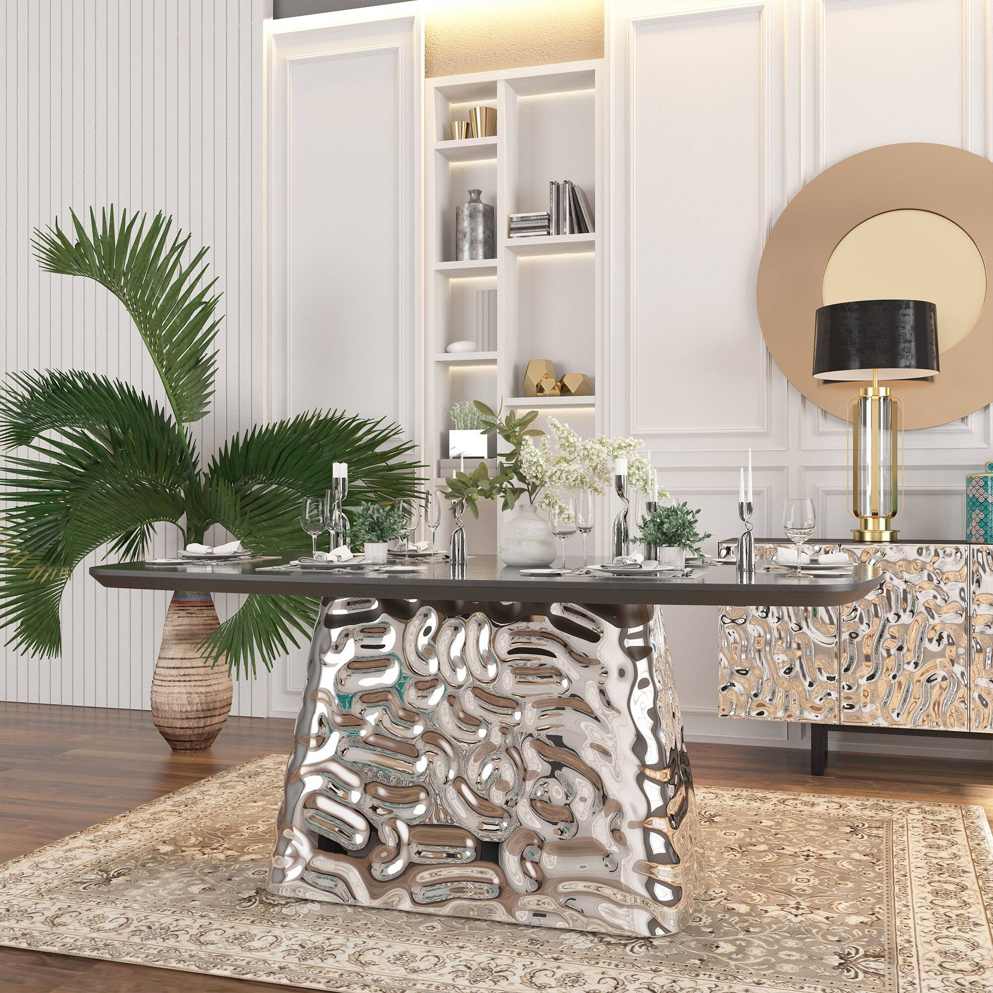 Alt View 8. Boyel Living - Silver and Black Wood 70.87 Inch Pedestal Dining Table Seats 6 Modern Luxury Stainless Steel Base - Multi-Colored.