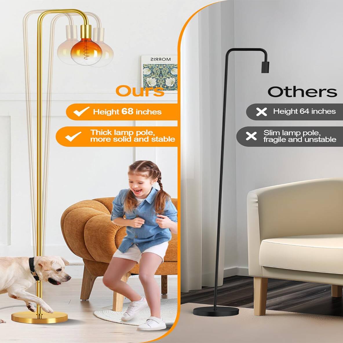 **Ours**  
- Height 68 inches  
- Thick lamp pole, more solid and stable  

**Others**  
- Height 64 inches  
- Slim lamp pole, fragile and unstable