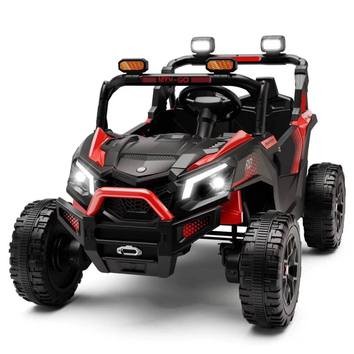 Angle. Wisairt - 24V 4WD Kids UTV Rid On Car, Extra-Wide 2-Seater with Parent Remote, Music & LED Lights - Red.