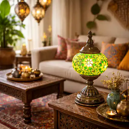 Front. FC Design - 11"H Bronze Base Elegant Globe Yellow–Green Flowery Mosaic Turkish Lamp.