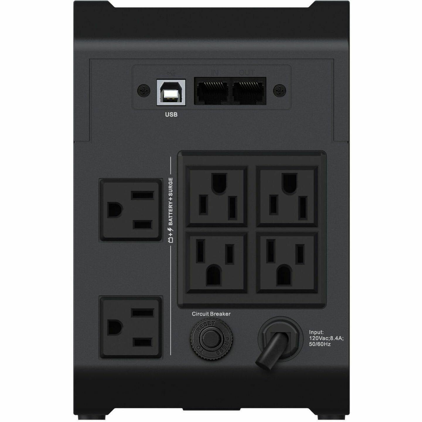 - USB
- BATTERY + SURGE
- Circuit Breaker RESET
- Input: 120Vac: 8.4A; 50/60Hz