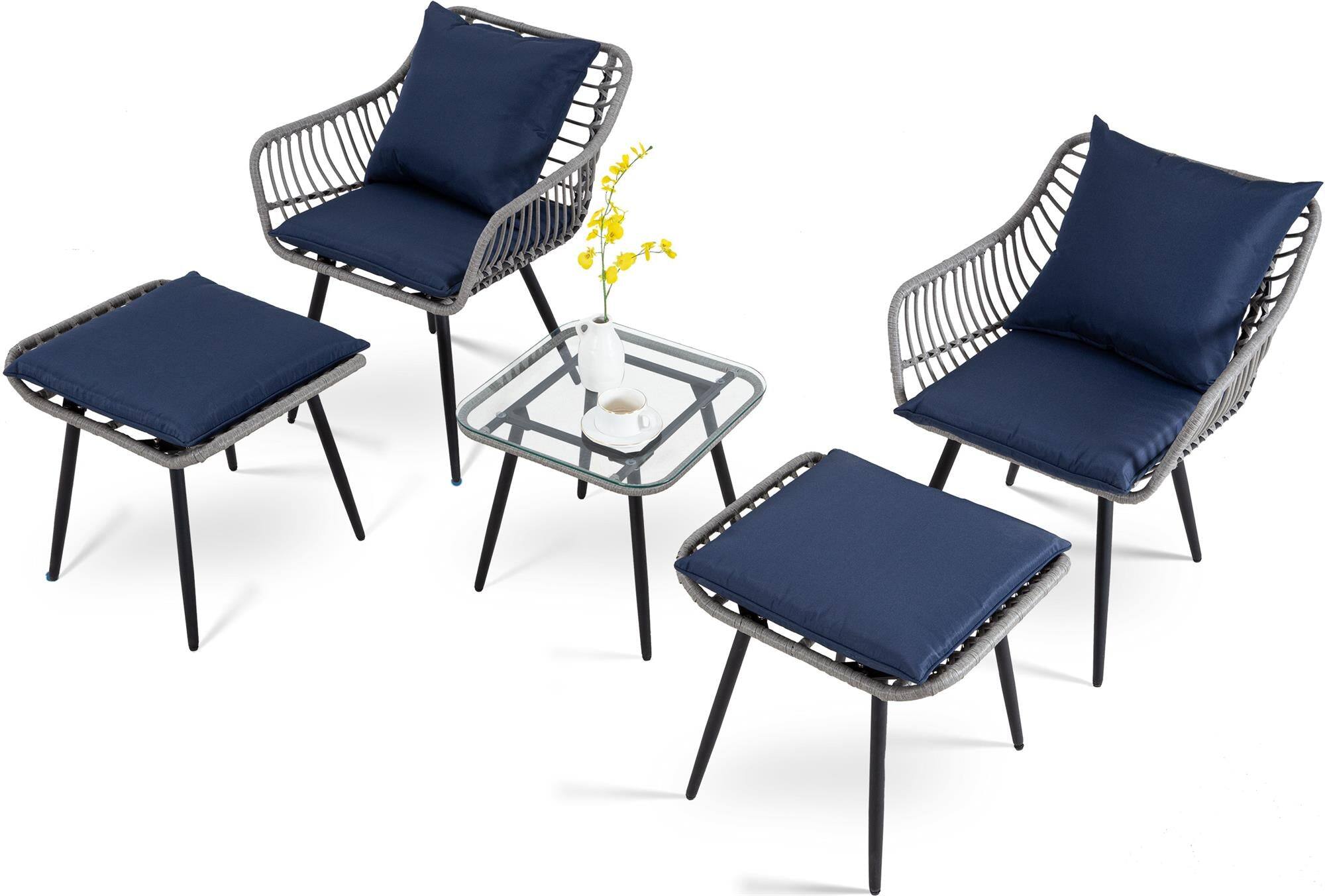 Boyel Living - Blue 5-Piece Set Outdoor Patio Bistro with 2 chairs 2 ottomans and 1 square table - Gray