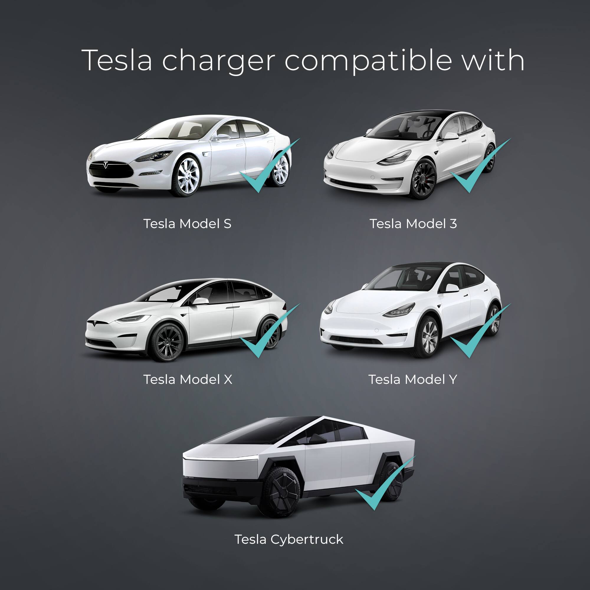 Tesla charger compatible with Tesla Model S, Tesla Model 3, Tesla Model X, Tesla Model Y, and Tesla Cybertruck.