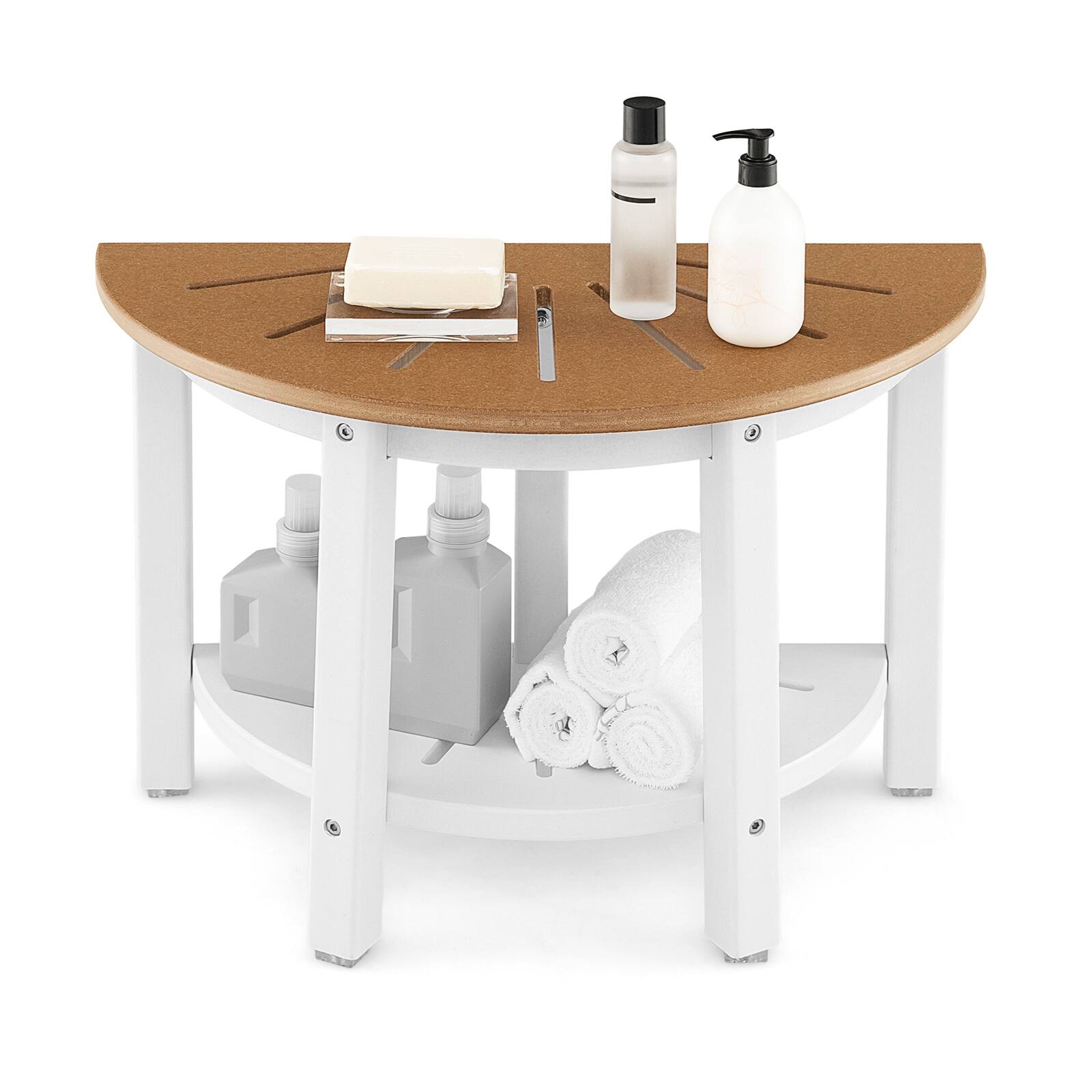 Left. SlickBlue - Semicircular Seat Shower Bench with HDPE Construction and Storage Shelf - Brown, White.