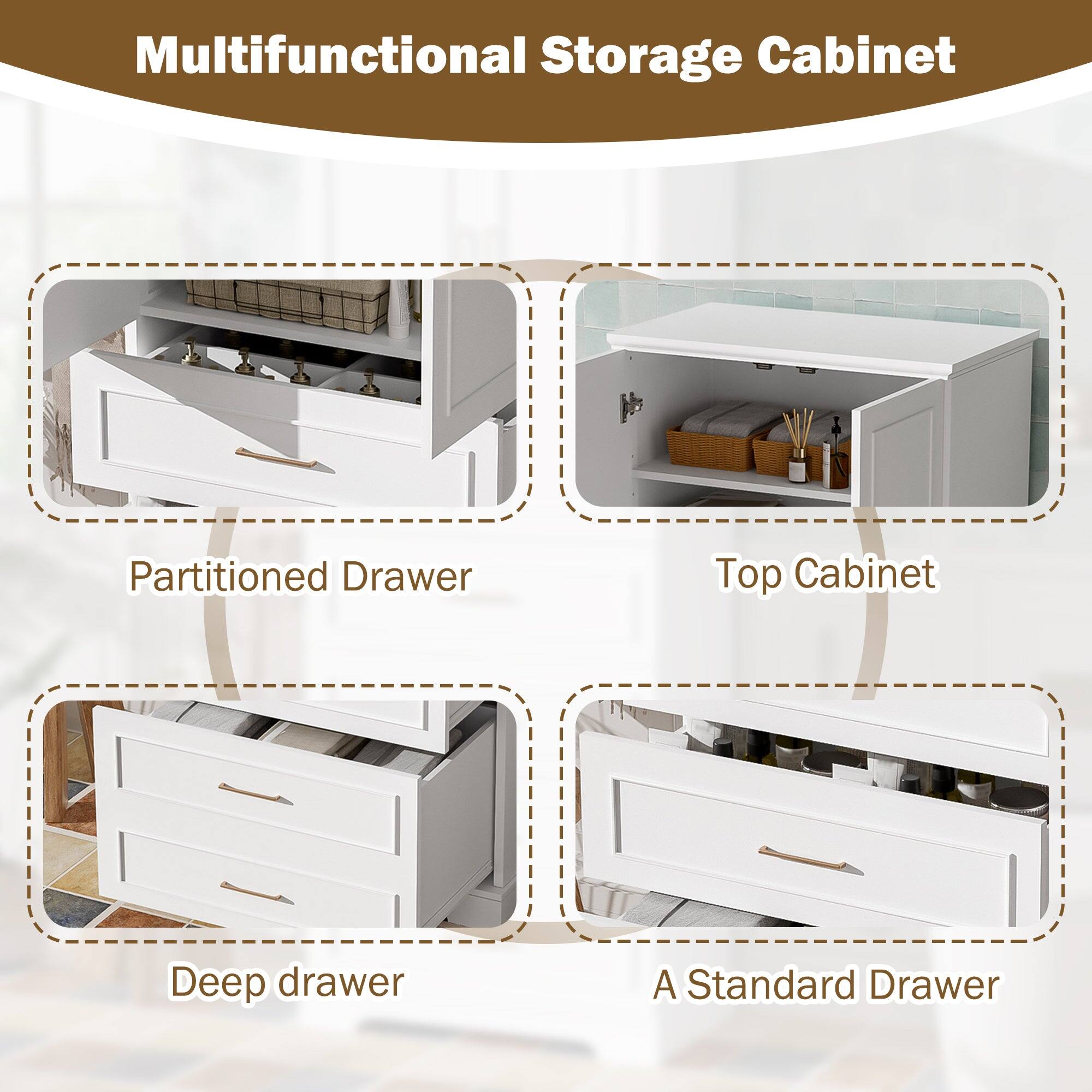 Multifunctional Storage Cabinet

- Partitioned Drawer
- Top Cabinet
- Deep drawer
- A Standard Drawer