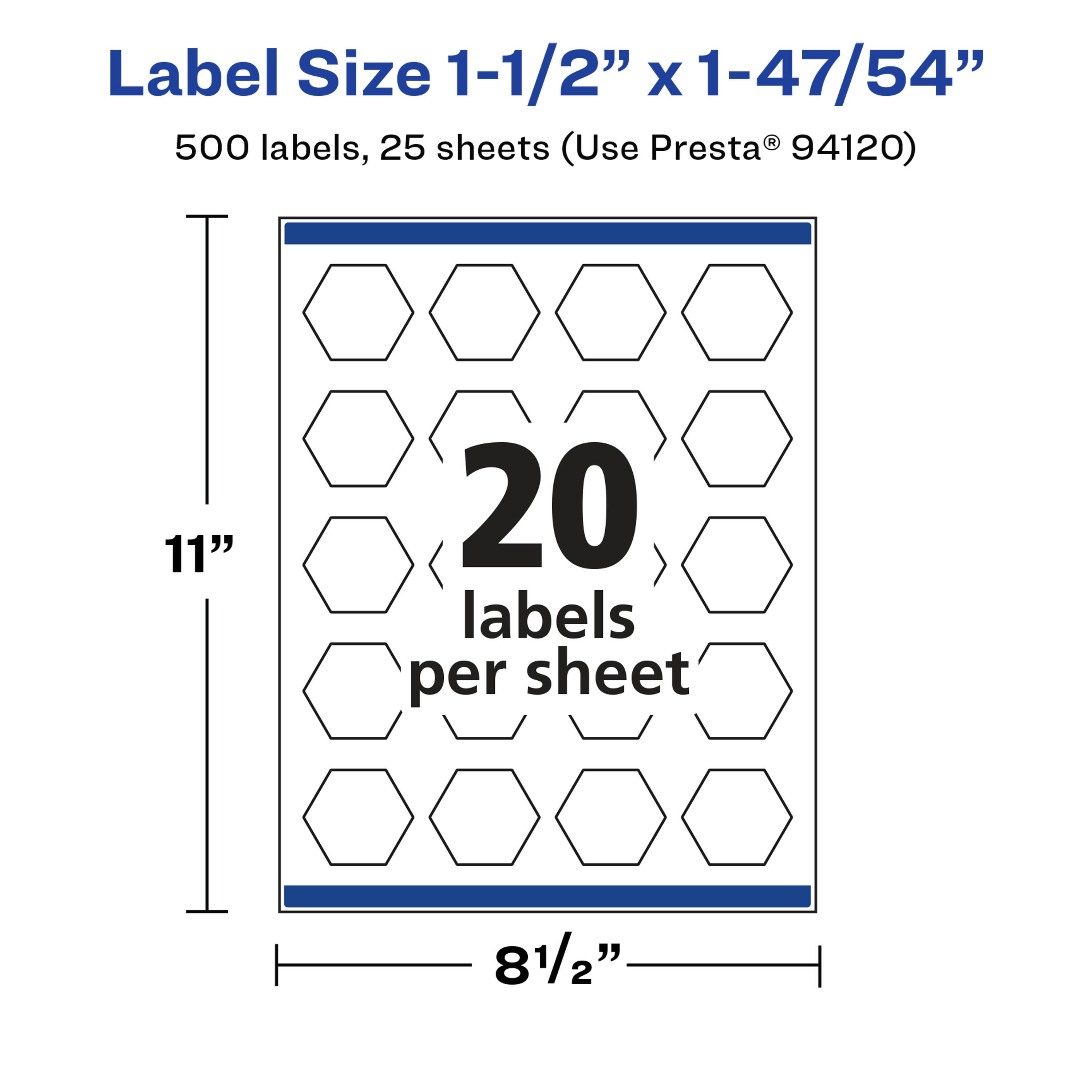 Label Size 1-1/2" x 1-47/54"  
500 labels, 25 sheets (Use Presta® 94120)  
11"  
20 labels per sheet  
8 1/2"