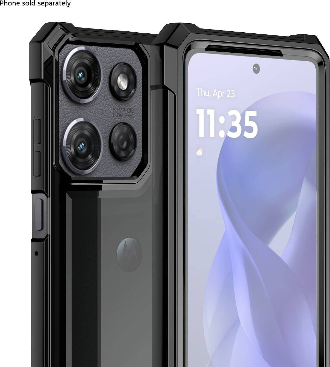 Phone sold separately. The image features a cell phone with a 50MP ultra pixel camera. The date displayed on the phone is Thursday, April 23rd, and the time is 11:35.