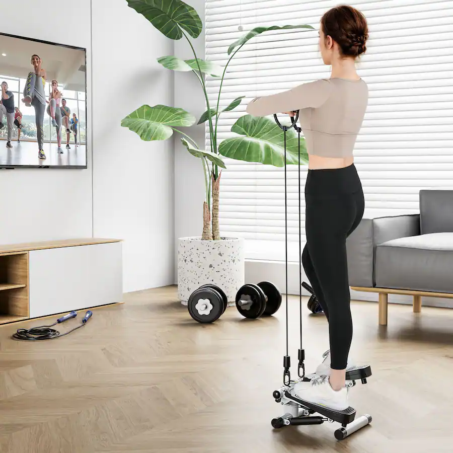 Stepper Idraulico Per Allenamento A Casa COSTWAY | Con Fasce Di Resistenza | Altezza Regolabile E Display LCD | Pedali Antiscivolo | Portatile E Silenzioso (<10 DB)