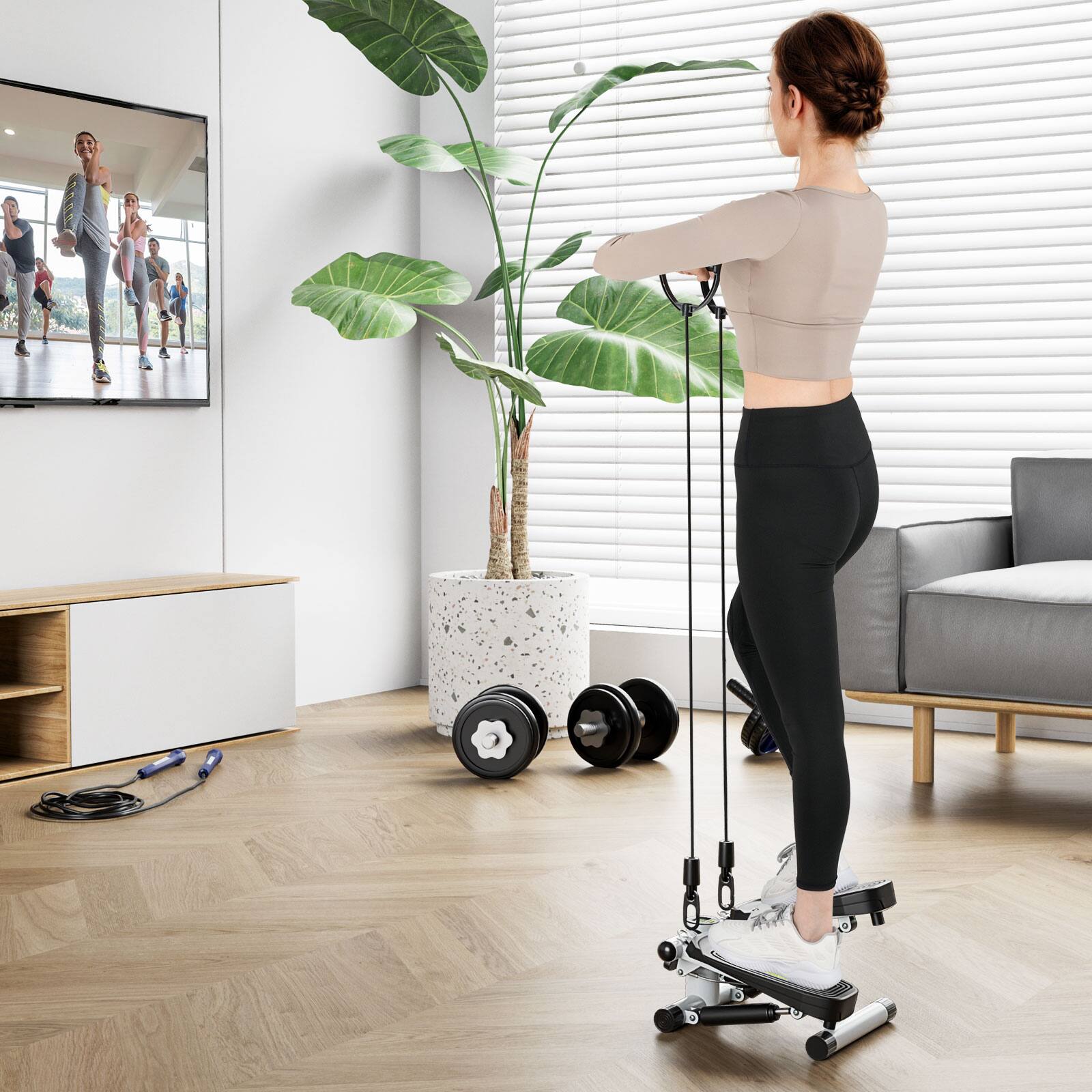 Alt View 2. Costway - Costway Mini Stepper for Exercise at Home with Resistance Bands Adjustable Height - White + Black.