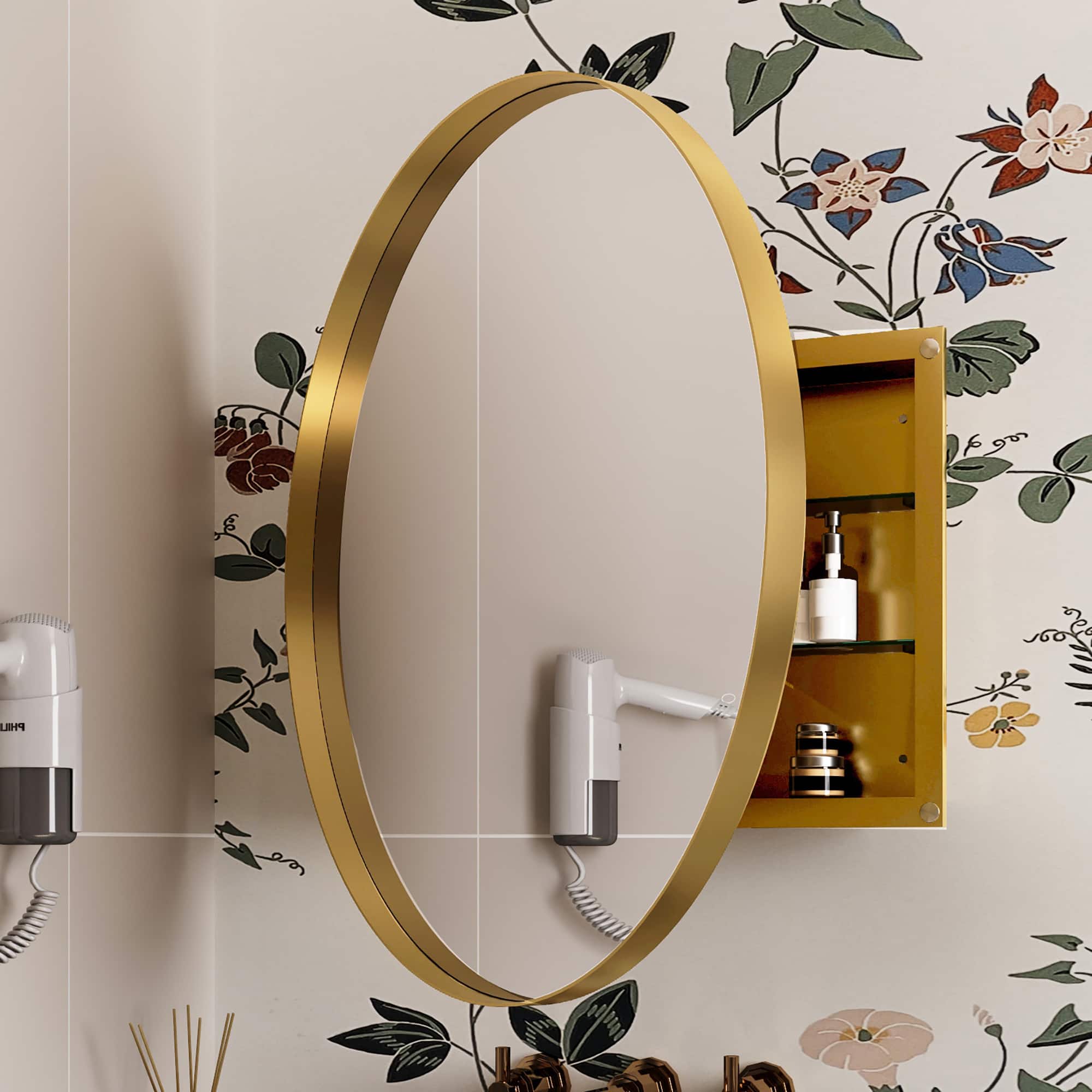 APRILSOUL - 31.5 Inch Surface Mount Round Metal Framed Medicine Cabinet with Mirror and Adjustable Shelves - Gold