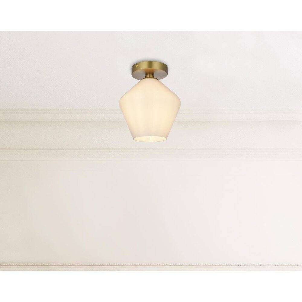 Alt View 5. Living District - Gene 8 Inch Flush Mount Ceiling Light Frosted White Shade in Satin Gold - Satin Gold And Frosted White.