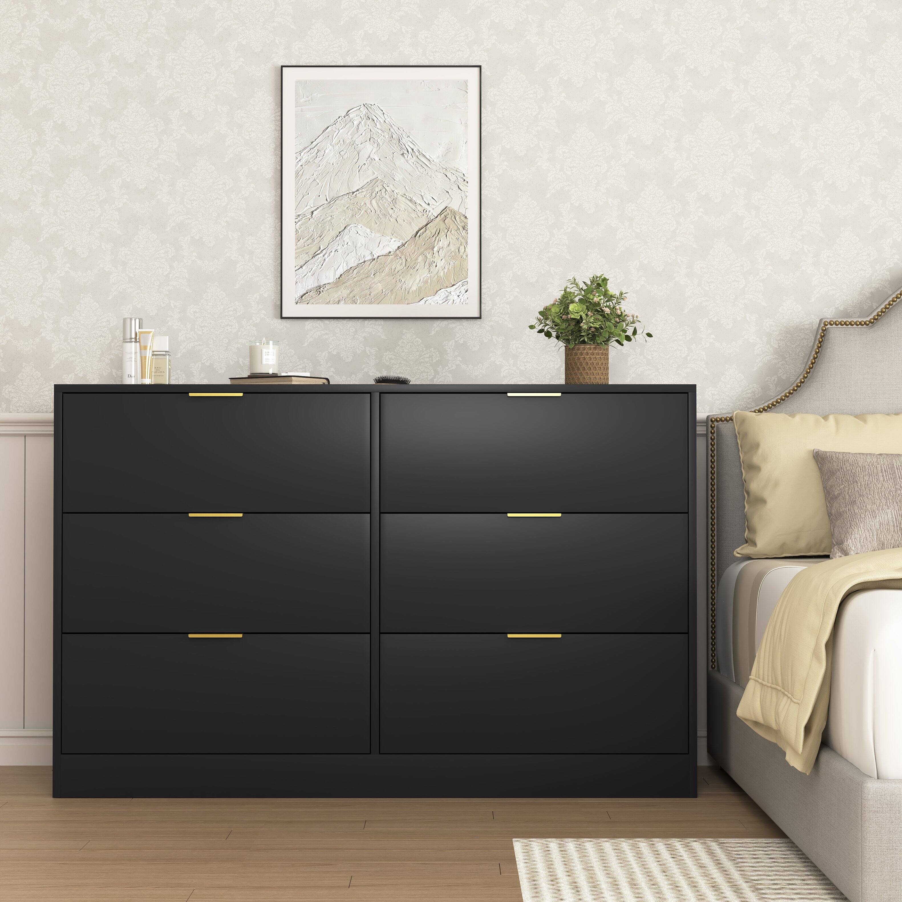 Angle. Z-Edge - 6 Drawer Dresser for Bedroom, Modern Chest of Drawers, Wood Storage Double Dresser with Deep Drawers for Living Room - Black.