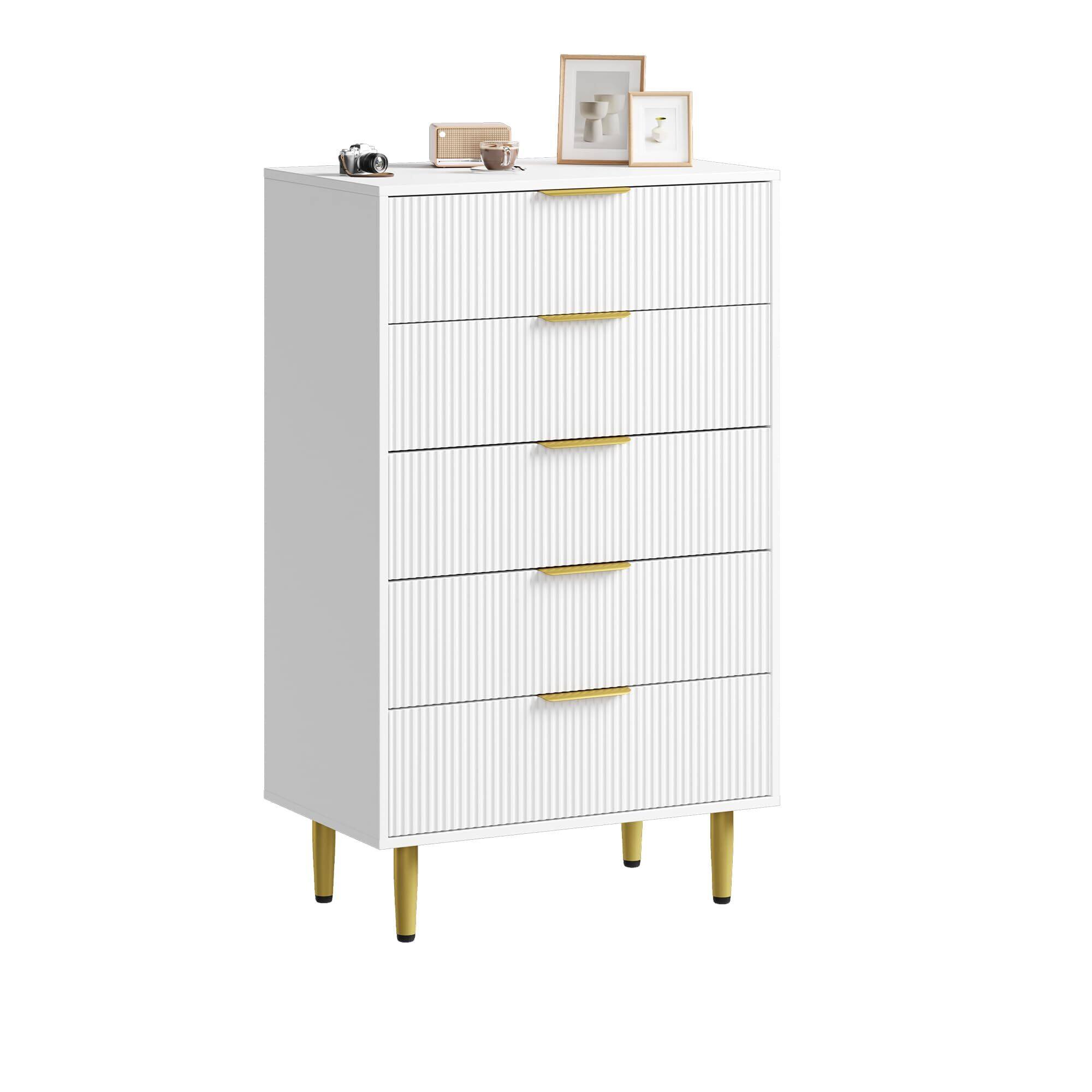 Front. Acekool - Fluted Dresser for Bedroom with 5 Drawers, Wooden Chest of Drawers with Metal Handle & Feet - White.