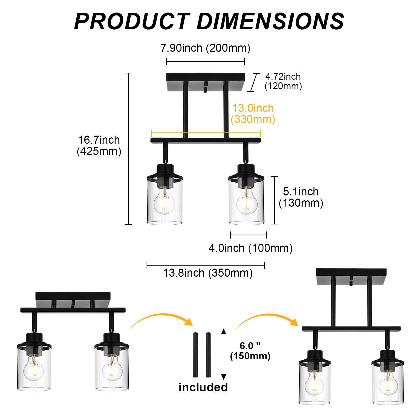 PRODUCT DIMENSIONS

- 7.90 inch (200mm)
- 16.7 inch (425mm)
- 4.72 inch (120mm)
- 13.0 inch (330mm)
- 5.1 inch (130mm)
- 4.0 inch (100mm)
- 13.8 inch (350mm)
- 6.0 inch (150mm) included