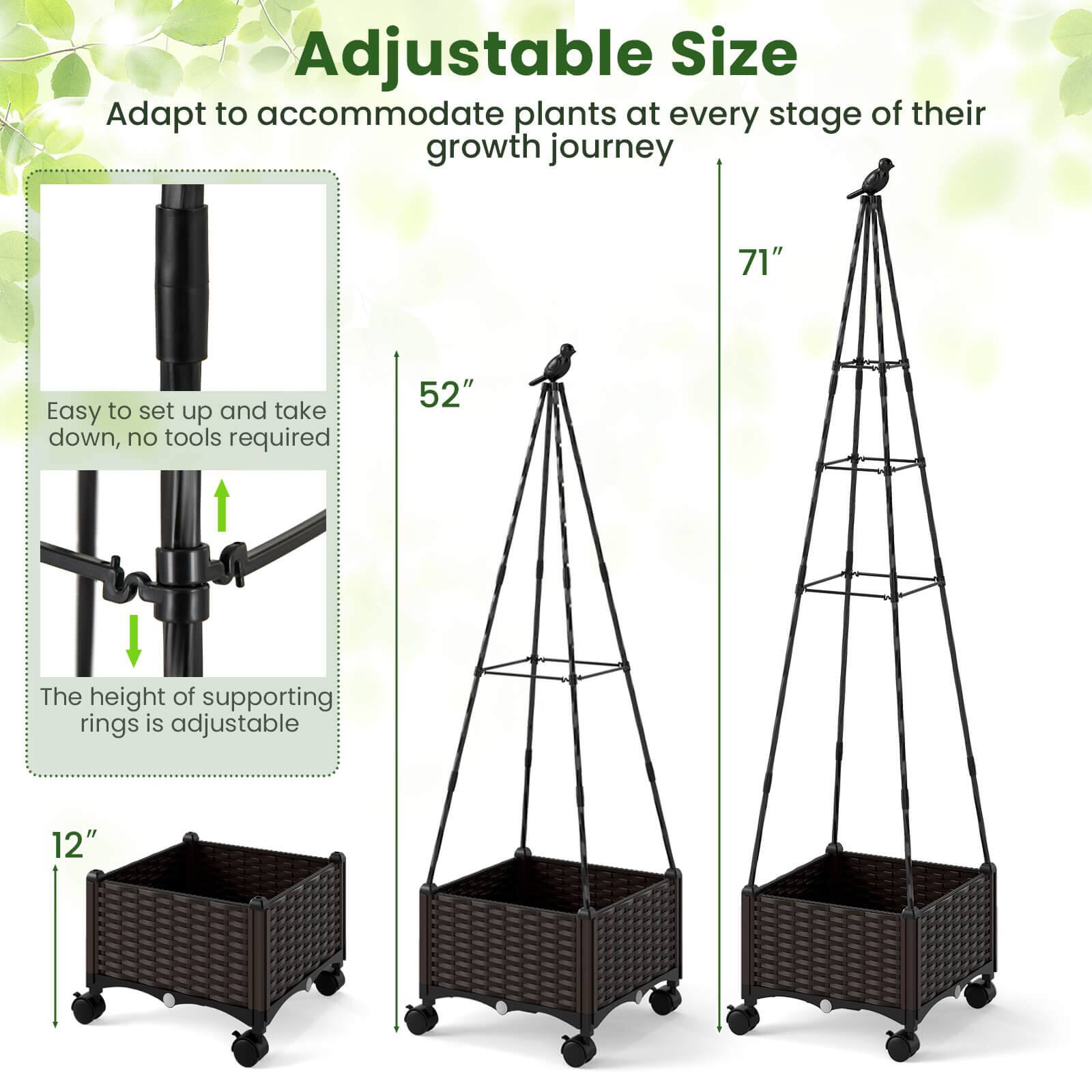 Adjustable Size  
Adapt to accommodate plants at every stage of their growth journey  

Easy to set up and take down, no tools required  

The height of supporting rings is adjustable  

12"  

52"  

71"
